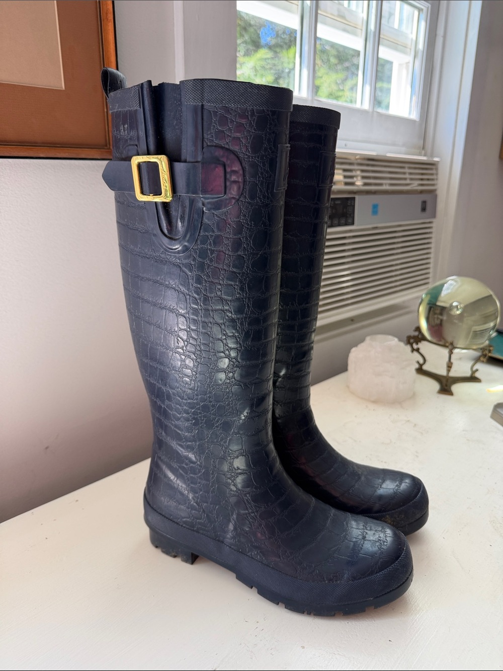 Joules Tall Croc-Embossed Rain Boots in Black with Gold Buckle